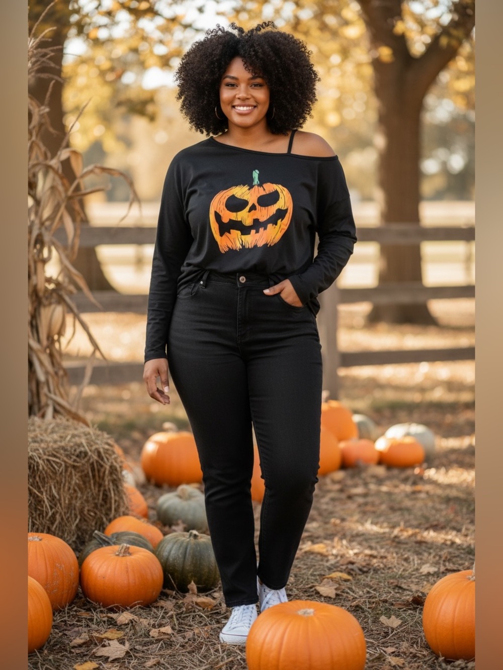 Halloween Pumpkin Shirt Black One Shoulder Jack O Lantern Graphic 0XL Plus New